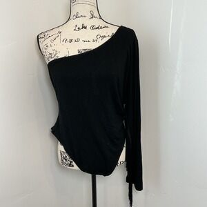 Black One-Shoulder Long Sleeve Fringe‎ Bodysuit – Festival Western Glam – Sz XXL